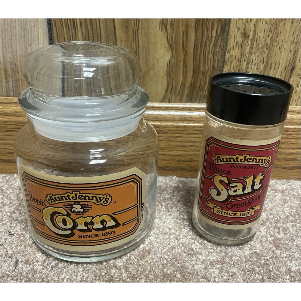 Vintage Aunt Jenny's Poppin' Corn Glass Jar & Table Salt Great Shaker 1980
